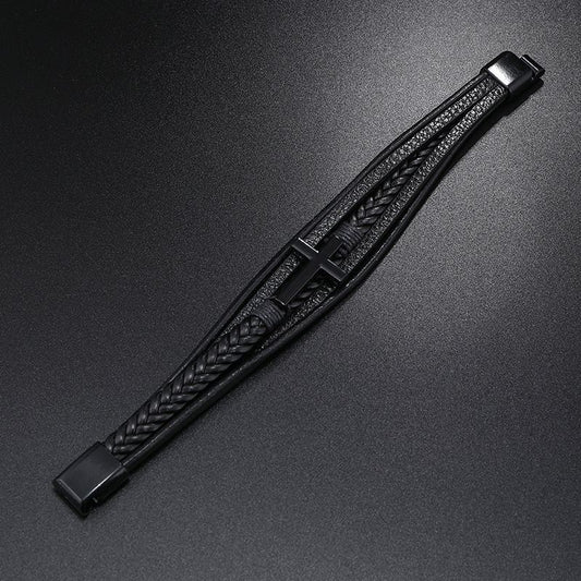 Black Braided Leather Cross Bracelet