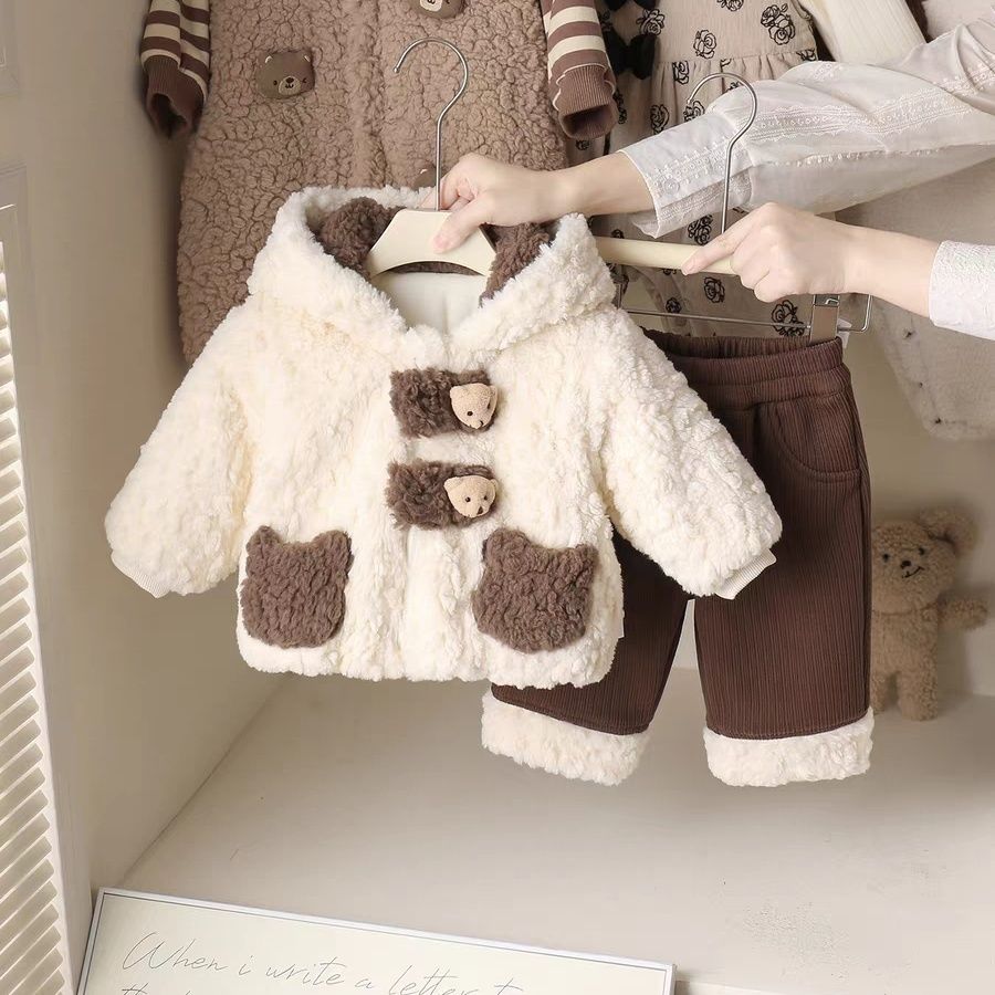 Warm Baby Clothing Set – Beige Coat with Brown Trousers