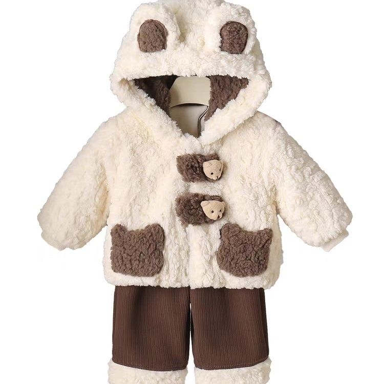 Warm Baby Clothing Set – Beige Coat with Brown Trousers