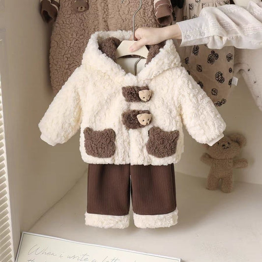 Warm Baby Clothing Set – Beige Coat with Brown Trousers